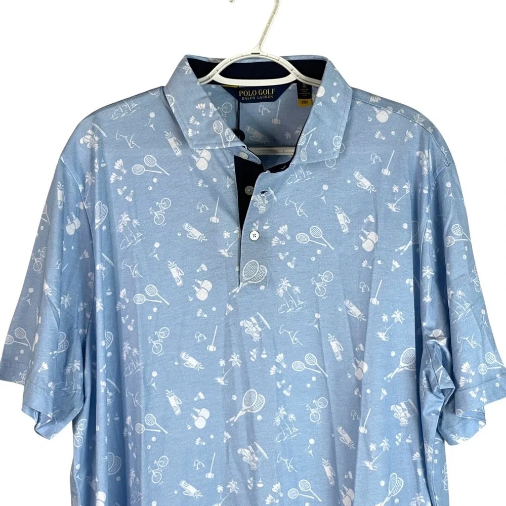 NEW Polo Golf Ralph Lauren Mens Polo Shirt XL Blue All Over Print S/S Stretch